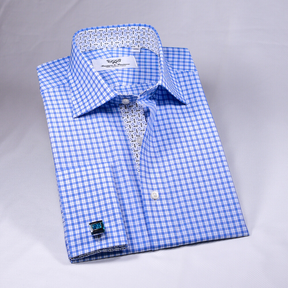 Light Blue Checkered Formal Business Shirt With Floral Inner Lining Top Quality