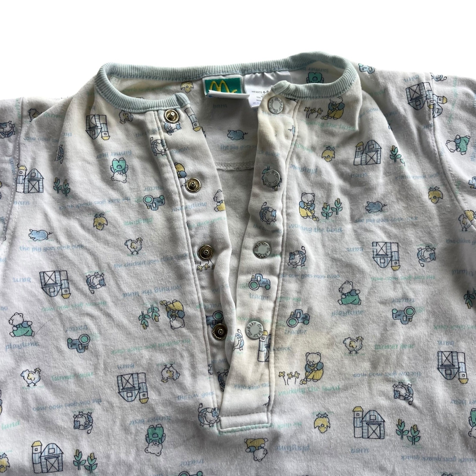 McBaby 6-9 M White Blue Farmer Bear Animal Tractor Print Romper Jumpsuit Vintage