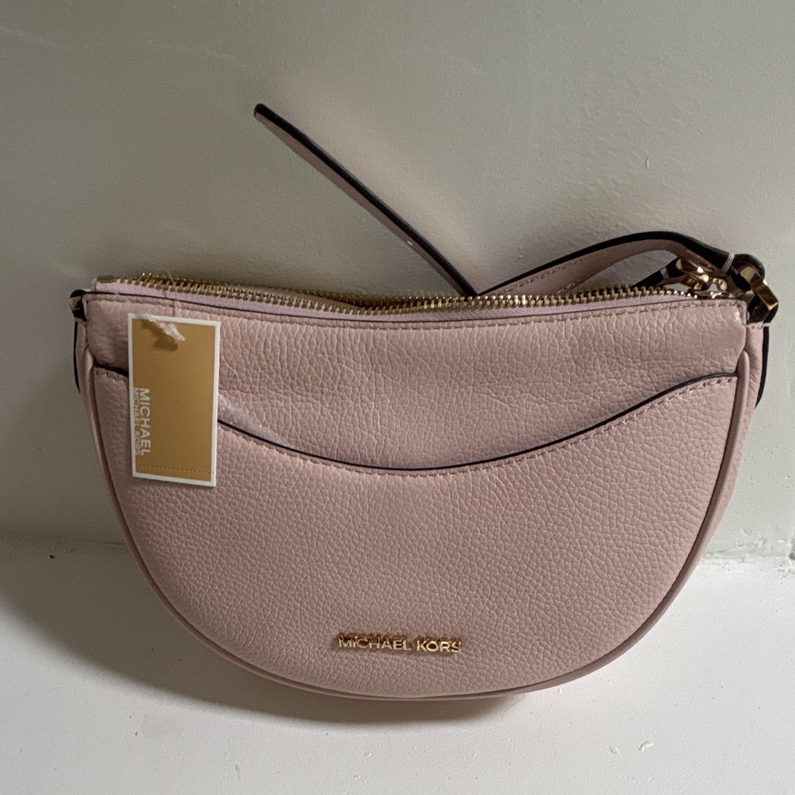 Michael Kors Pink Small Crescent Crossbody Zip Gold Logo Adjustable Strap