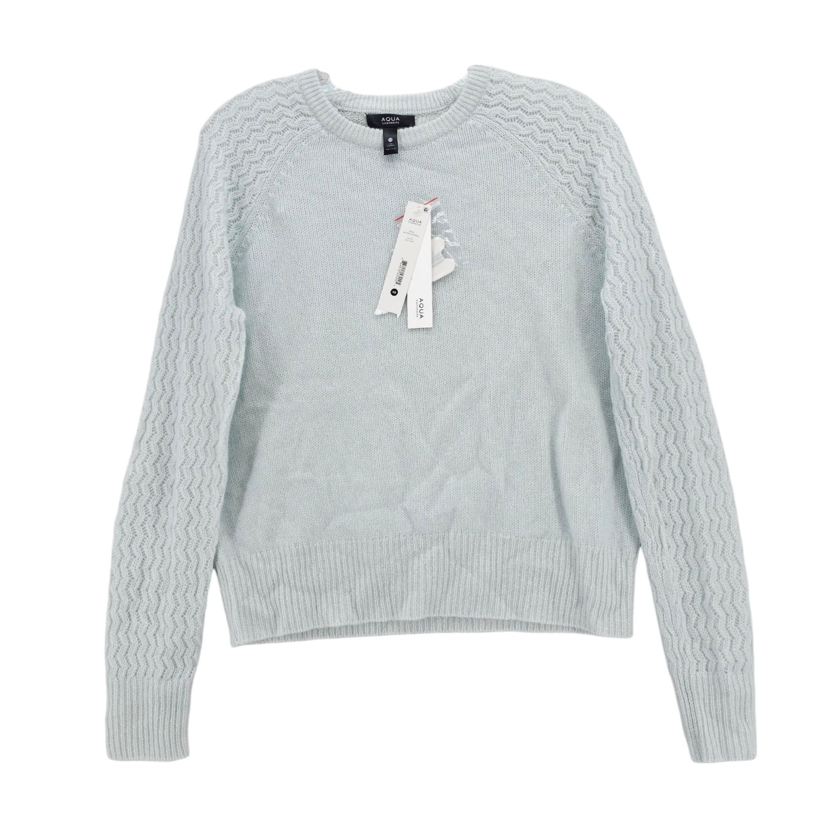 NWT AQUA 100% Cashmere Sweater Shell Stitch Sleeve Sky Ivory Blue Size XS