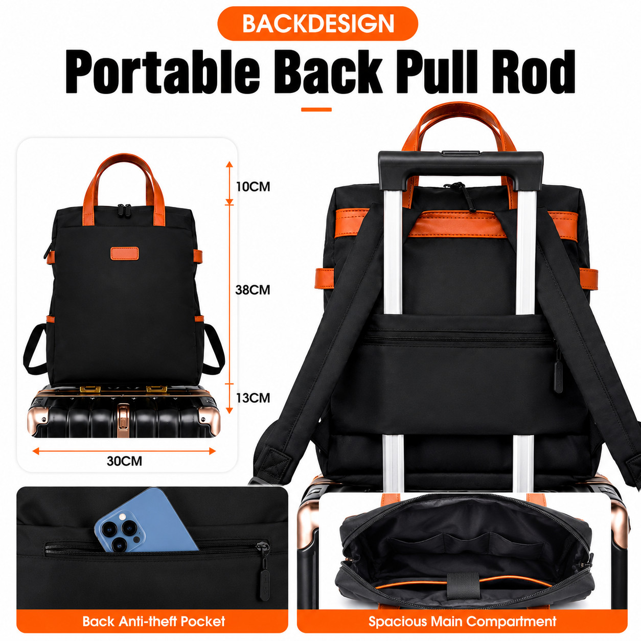 Black Nylon Convertible Backpack Tote Women Waterproof Trolley Sleeve Anti-Theft