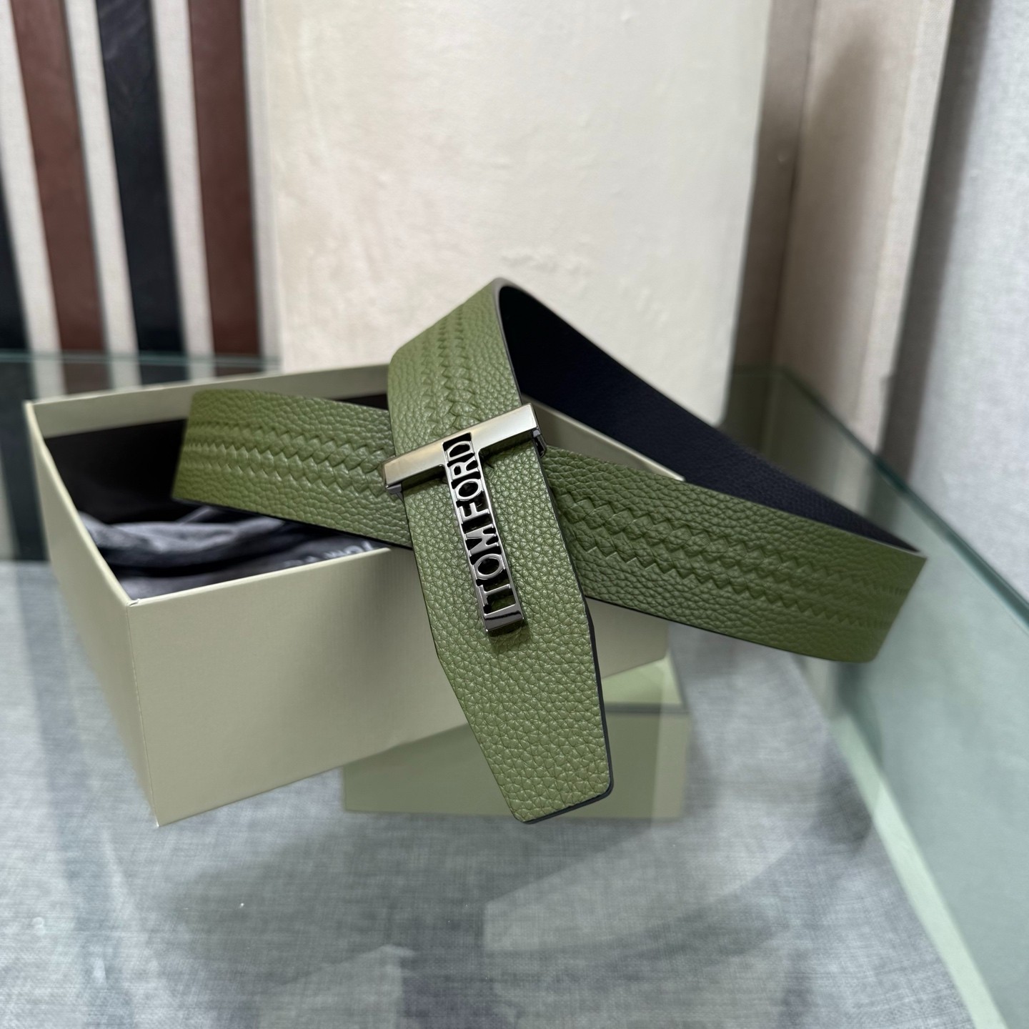 Tom Ford Handmade Reversible Belt 3.8cm/1.50″ Green/Black