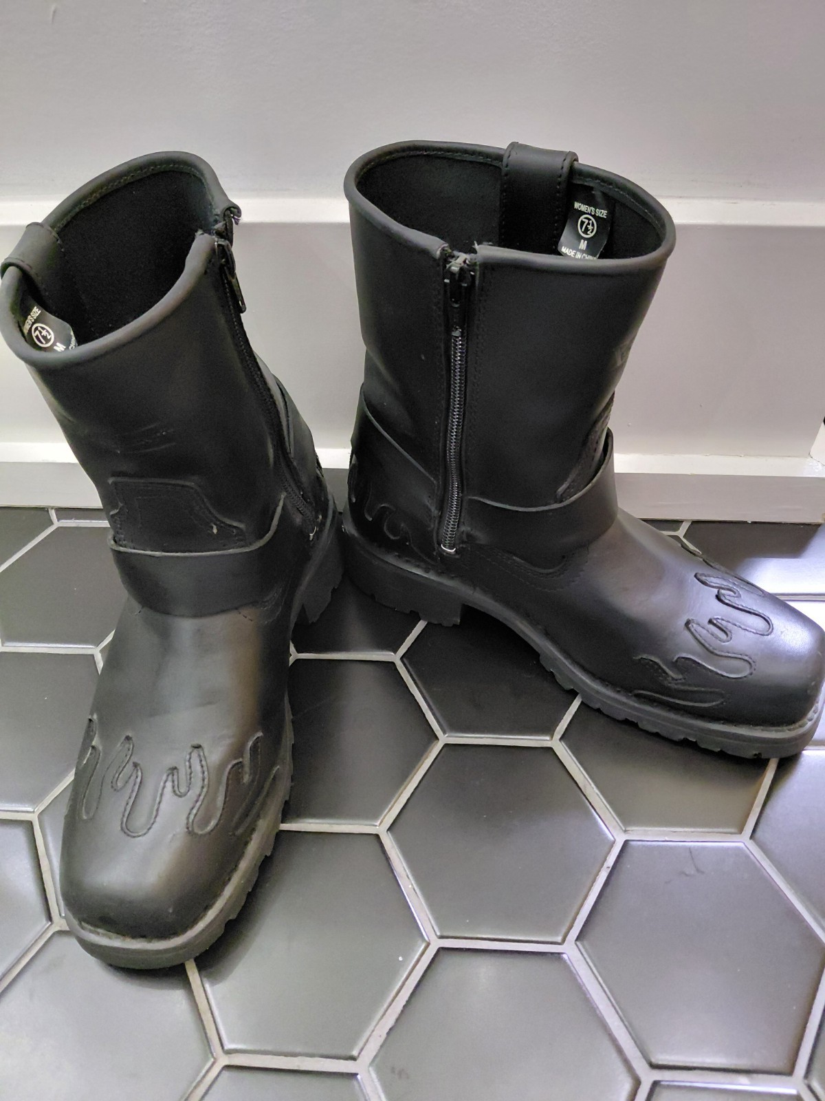 Extreme Gear Black Leather Biker Boots Mid-Calf Zip Rubber Sole US 7.5
