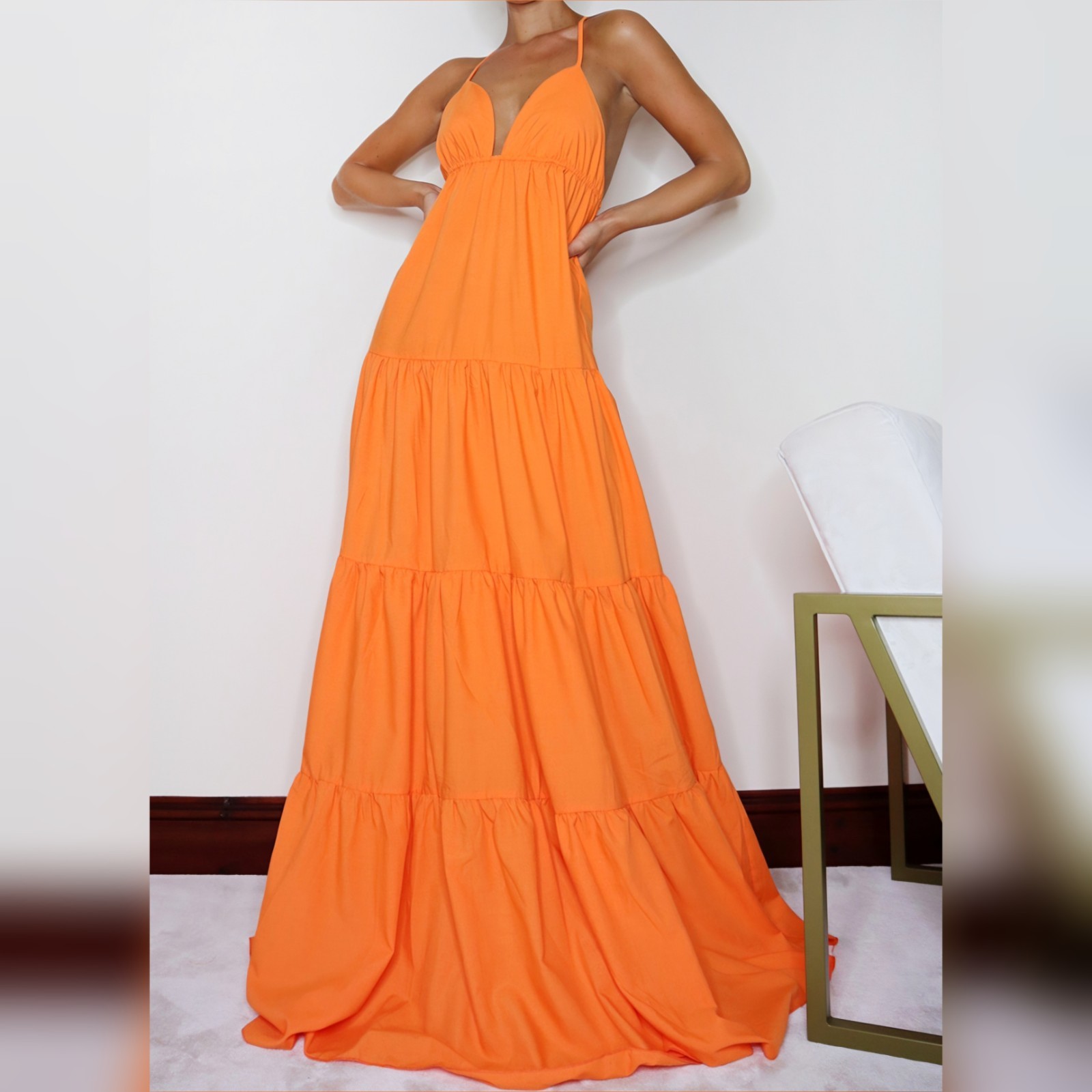 Pretty Little Thing Orange Tiered Smock Maxi Dress Boho Summer V-Neck SZ 10