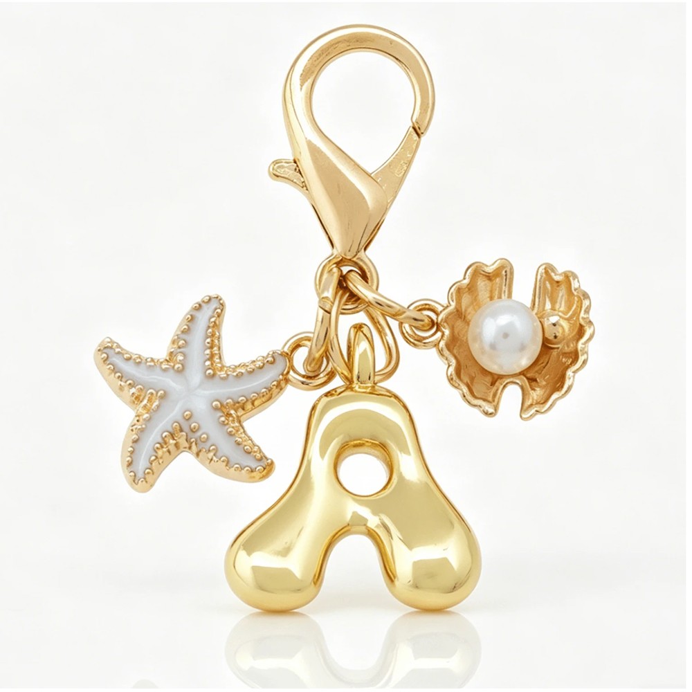 1PCS A-Z Gold Bubble Alphabet Keychain Starfish Shell Bag Charm Gift for Women