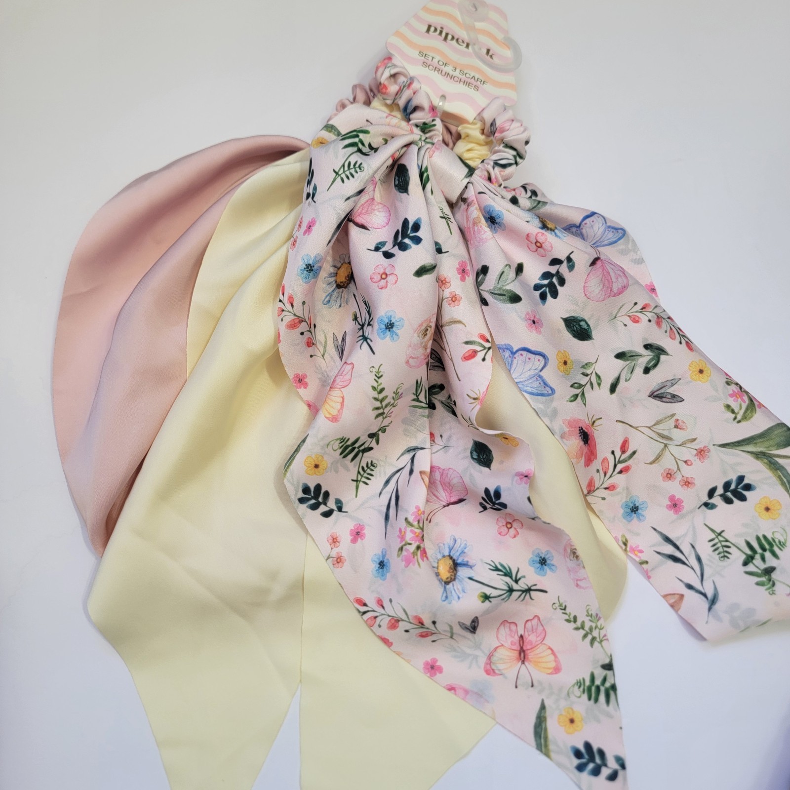 Piper K Butterfly Floral Scarf Scrunchies & Gingham Flat Hair Claw Clip 5 Set