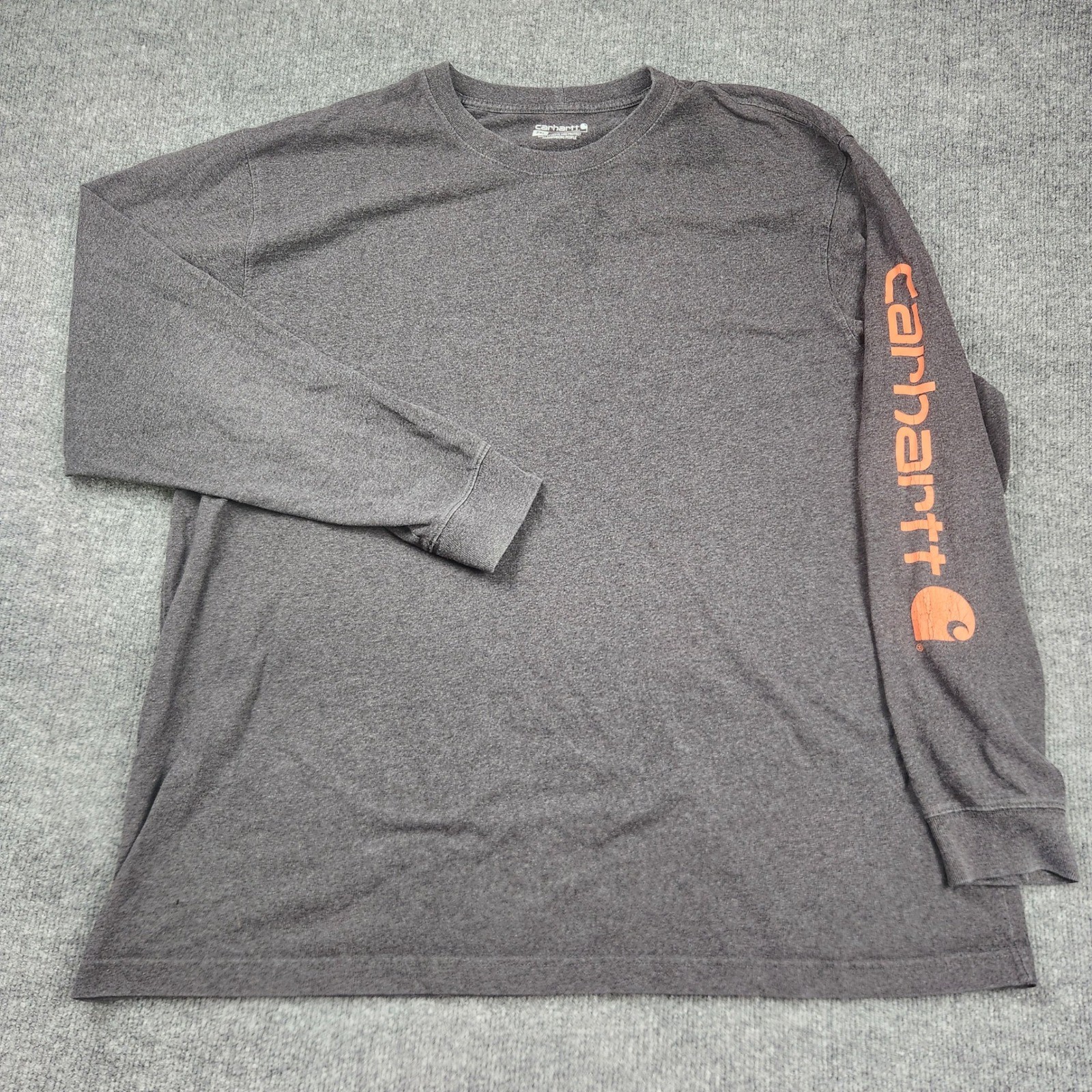 Carhartt Mens 2XL Loose Fit Long Sleeve Logo Graphic TShirt Charcoal Grey Orange