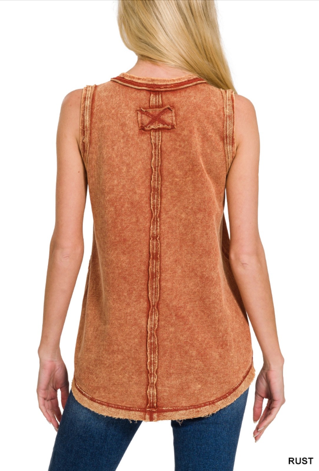 ZENANA 5251 Color Washed Henley Tank top Tunic 100% CottonRaw Edge Exposed Seam