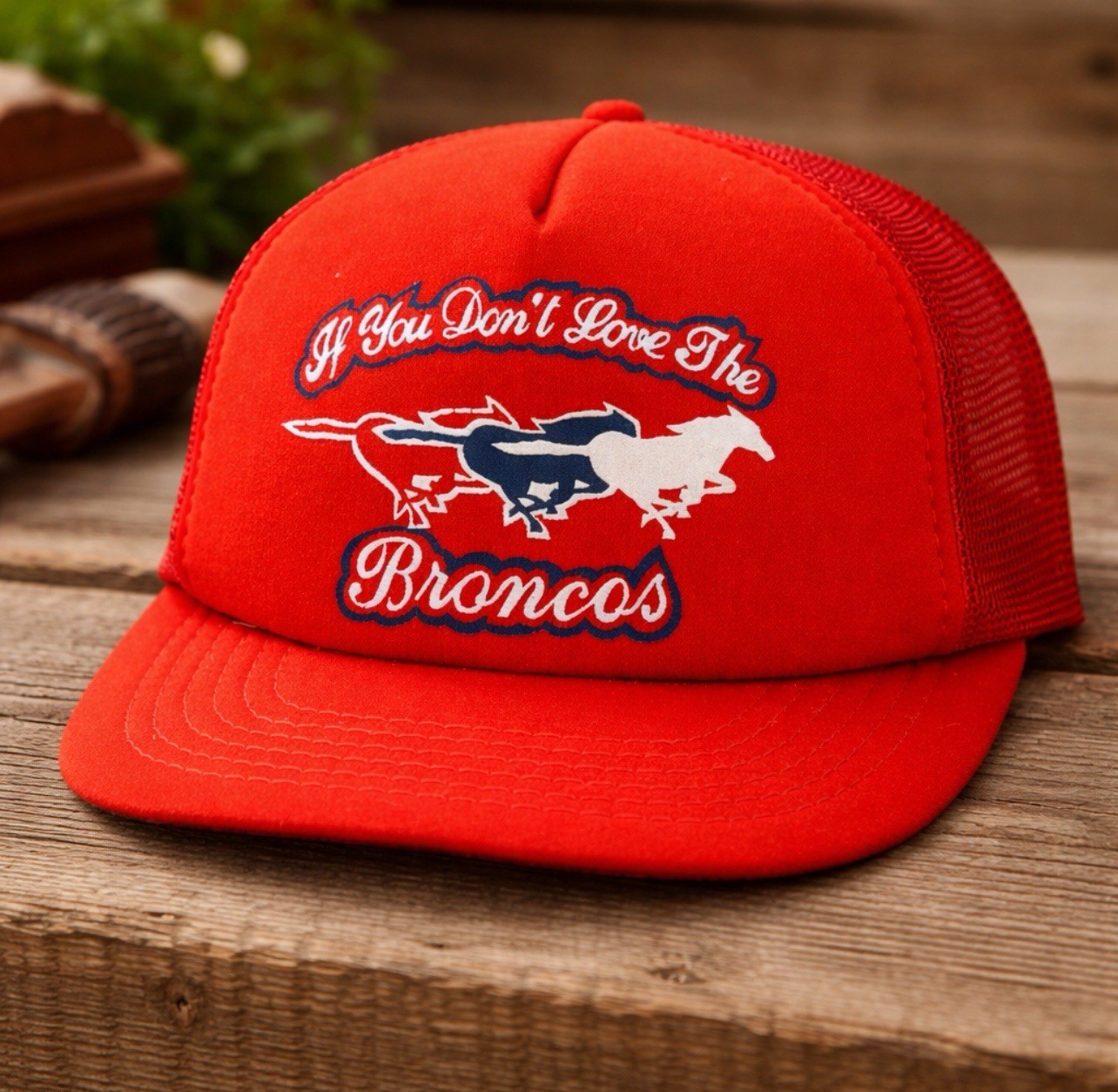 Vtg Broncos NFL Snapback Foam Trucker Hat Mesh Red “If You Don’t Love” Kiss My