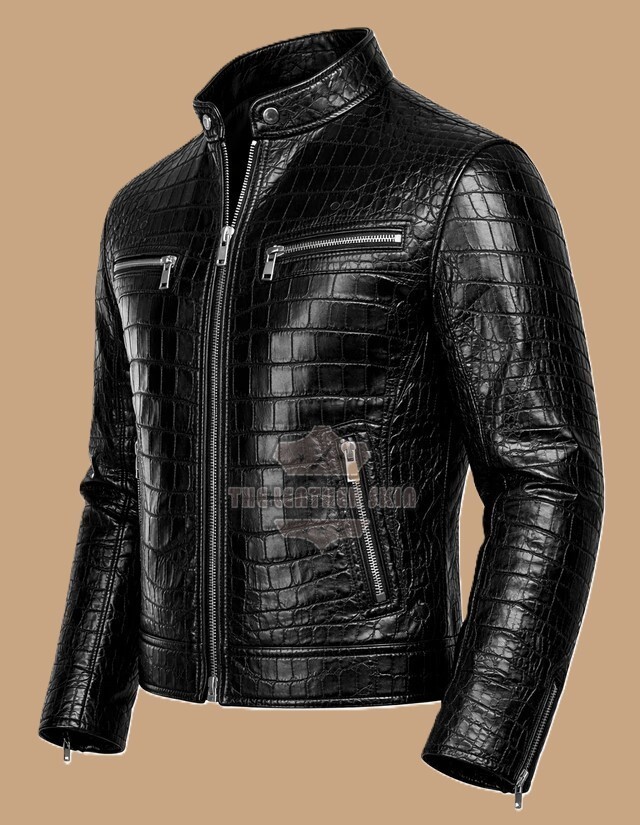 Men’s Leather Jacket Black Crocodile Pattern Real Luxury Leather Jacket Coat