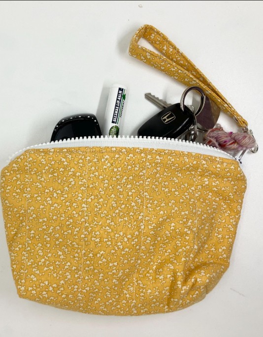 Small zipper wristlet pouch, upcycled purse accessories, yellow swirl fabric