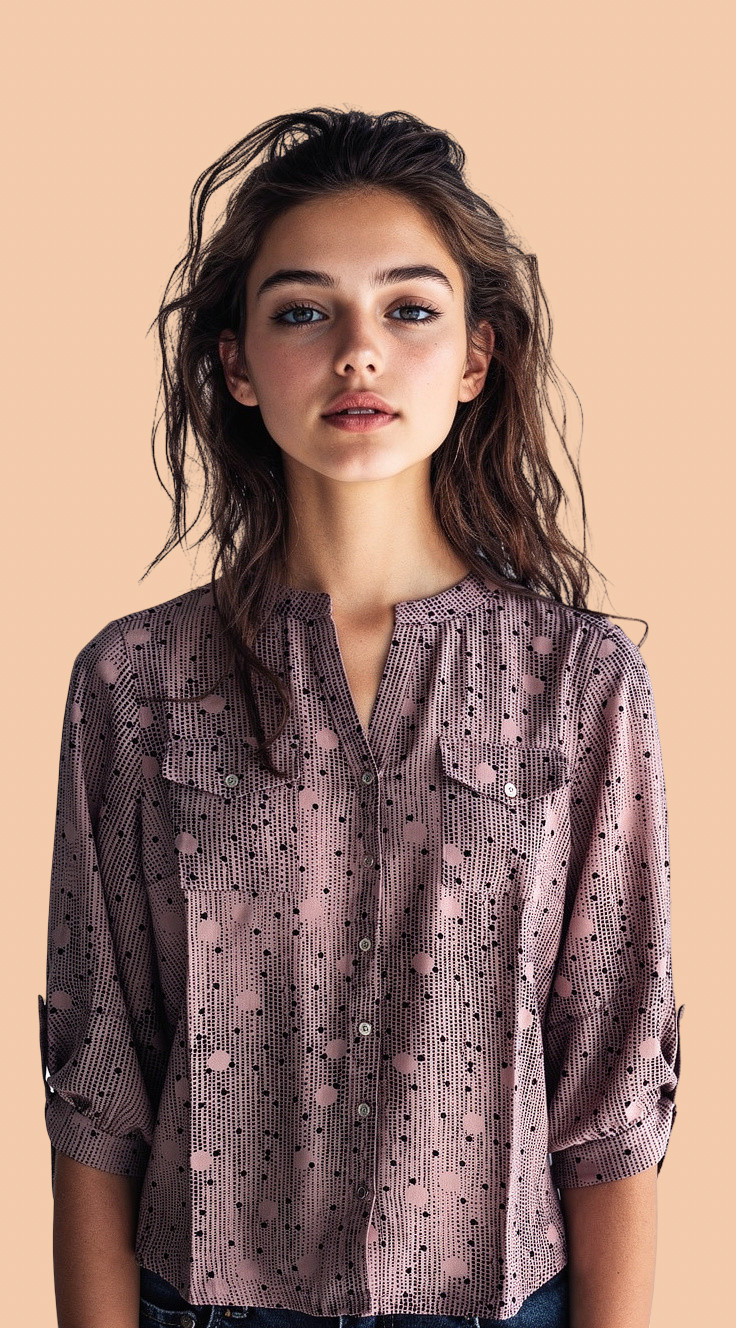 Notations 3/4 Roll-Tab Sleeve Notch Neck Dotted Blouse