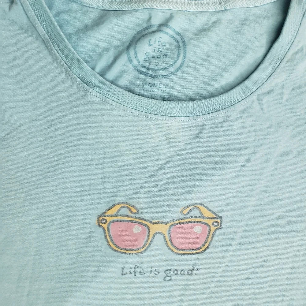 Life Is Good Womens Blue Pink Yellow Crew neck tee Sunglass T Shirt XXL