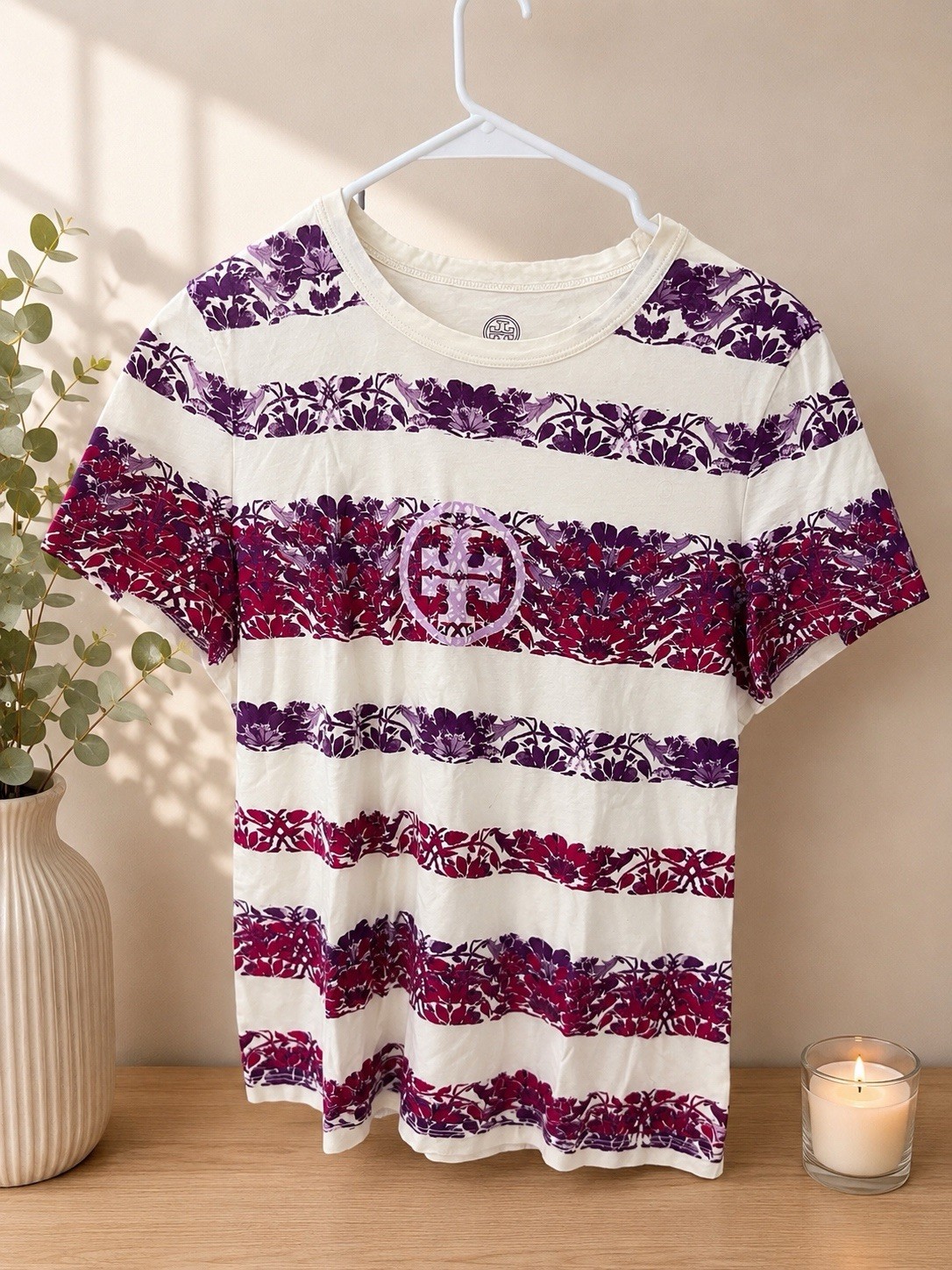 Tory Burch Women’s Floral Stripe Logo T-Shirt White Purple Pink Size M