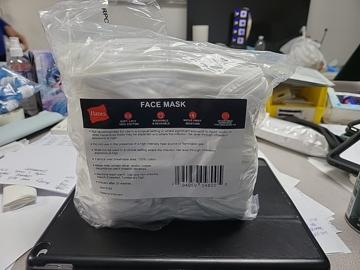 50 Hanes Washable Reusable White Face Masks Adjustable 100% Cotton (50 Pack)