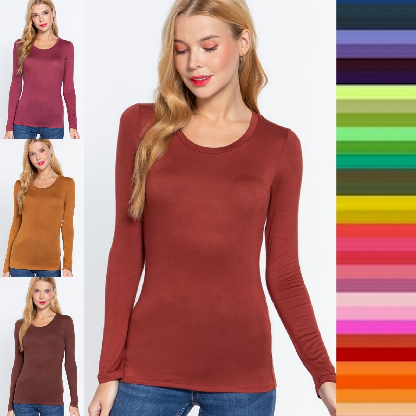 Round Neck Long Sleeve Rayon Spandex Soft Stretch T-Shirt Top Layering Tee T1489