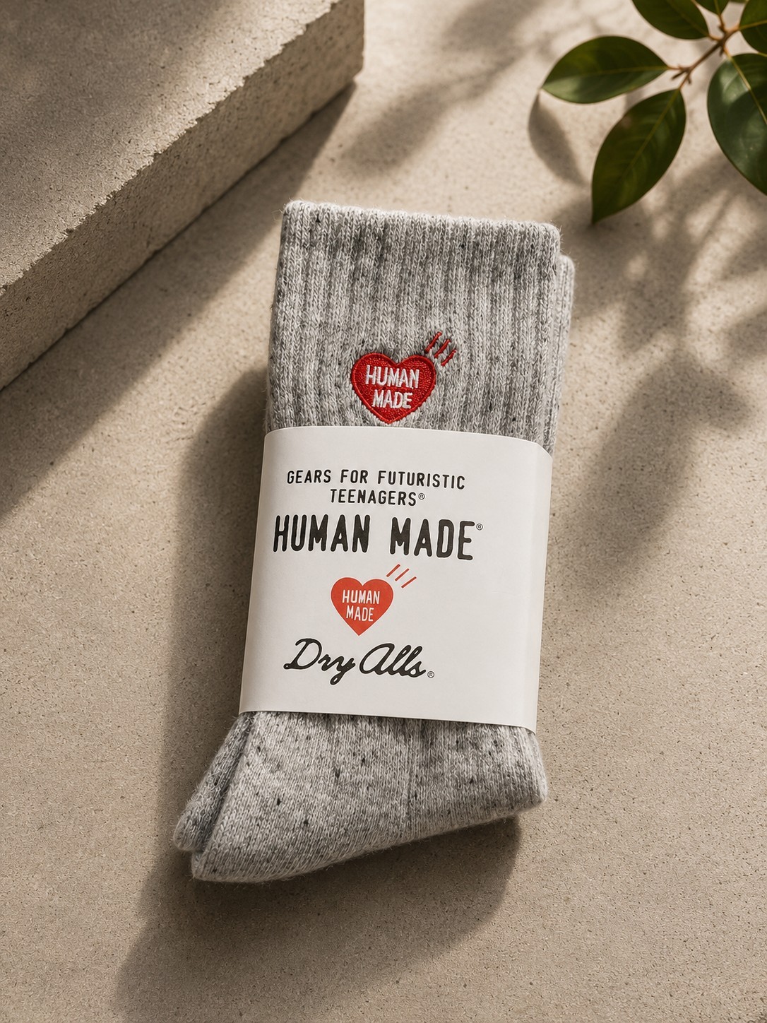 HUMAN MADE Crew Socks Gray Ribbed Knit Cotton Heart Logo 1 Pair Size L
