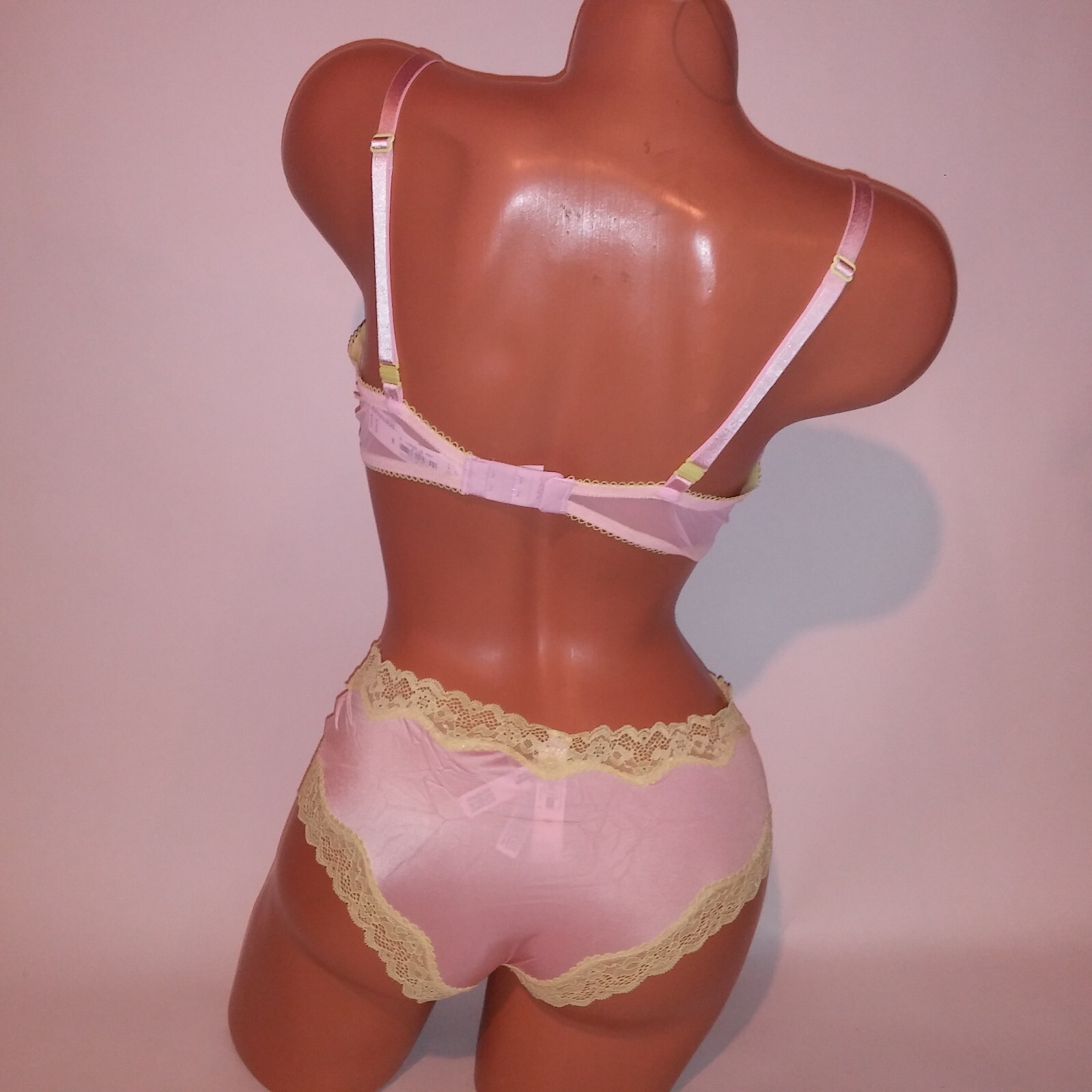 Victoria Secret Bra Set Tease Push Up Cheeky Panty Pink Yellow Lace Trim New