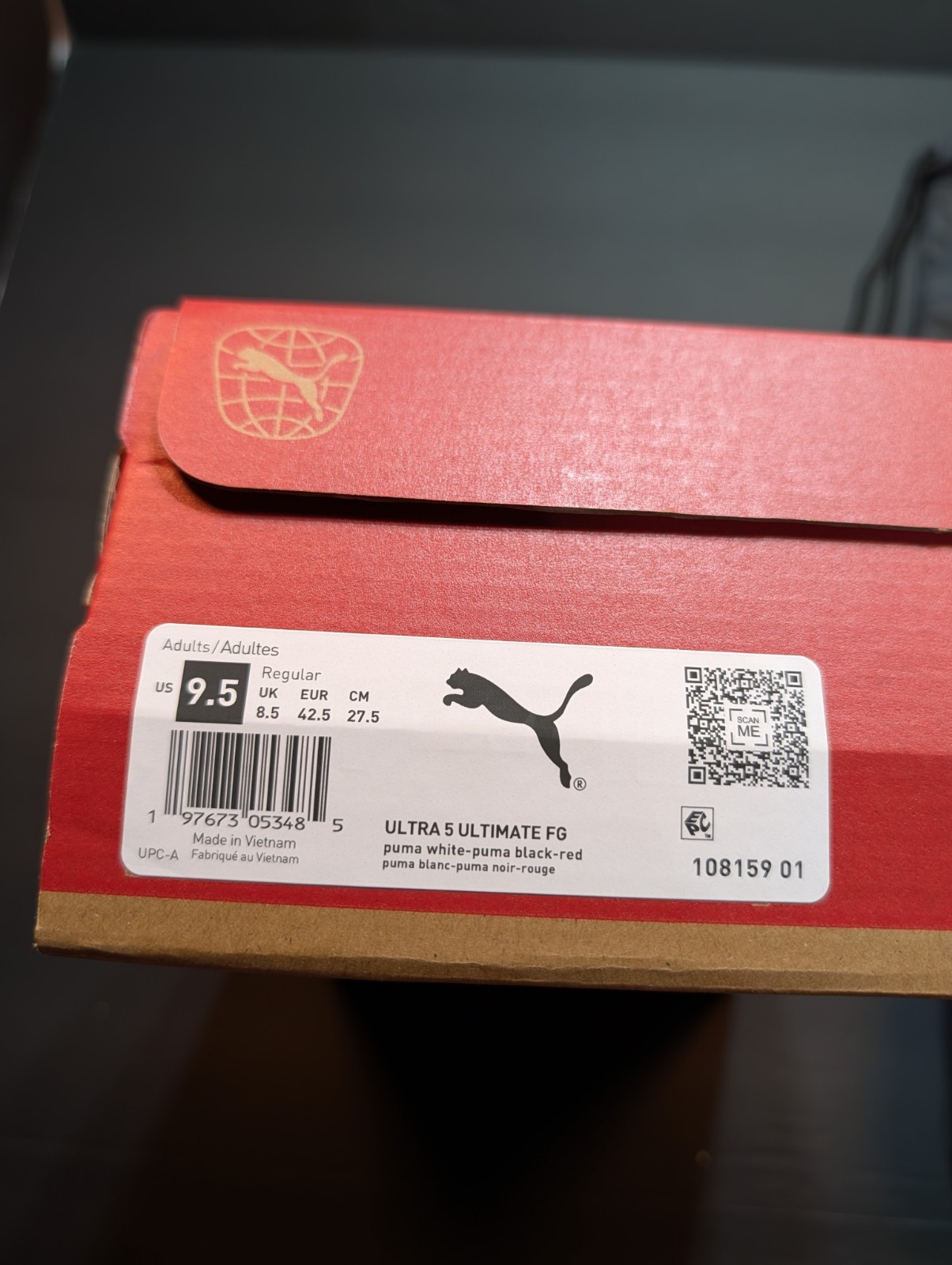 Puma Ultra 5 Ultimate FG Wht Blck Red Men 9.5 Firm Ground Soccer Shoes 108159-01