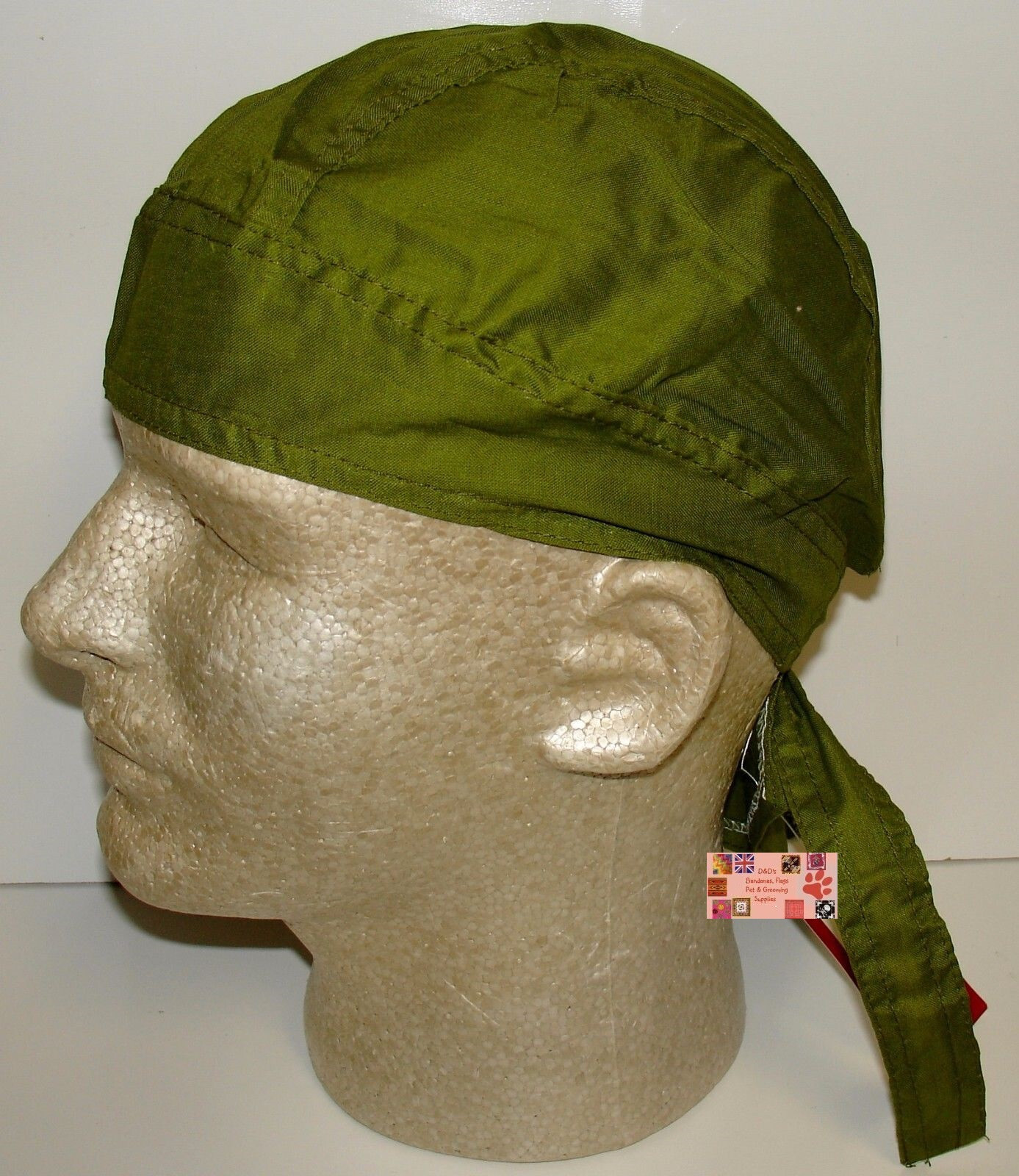 OLIVE GREEN FITTED BANDANA w/TIES Head Wrap Skull Cap DOO DO Du RAG DoRag