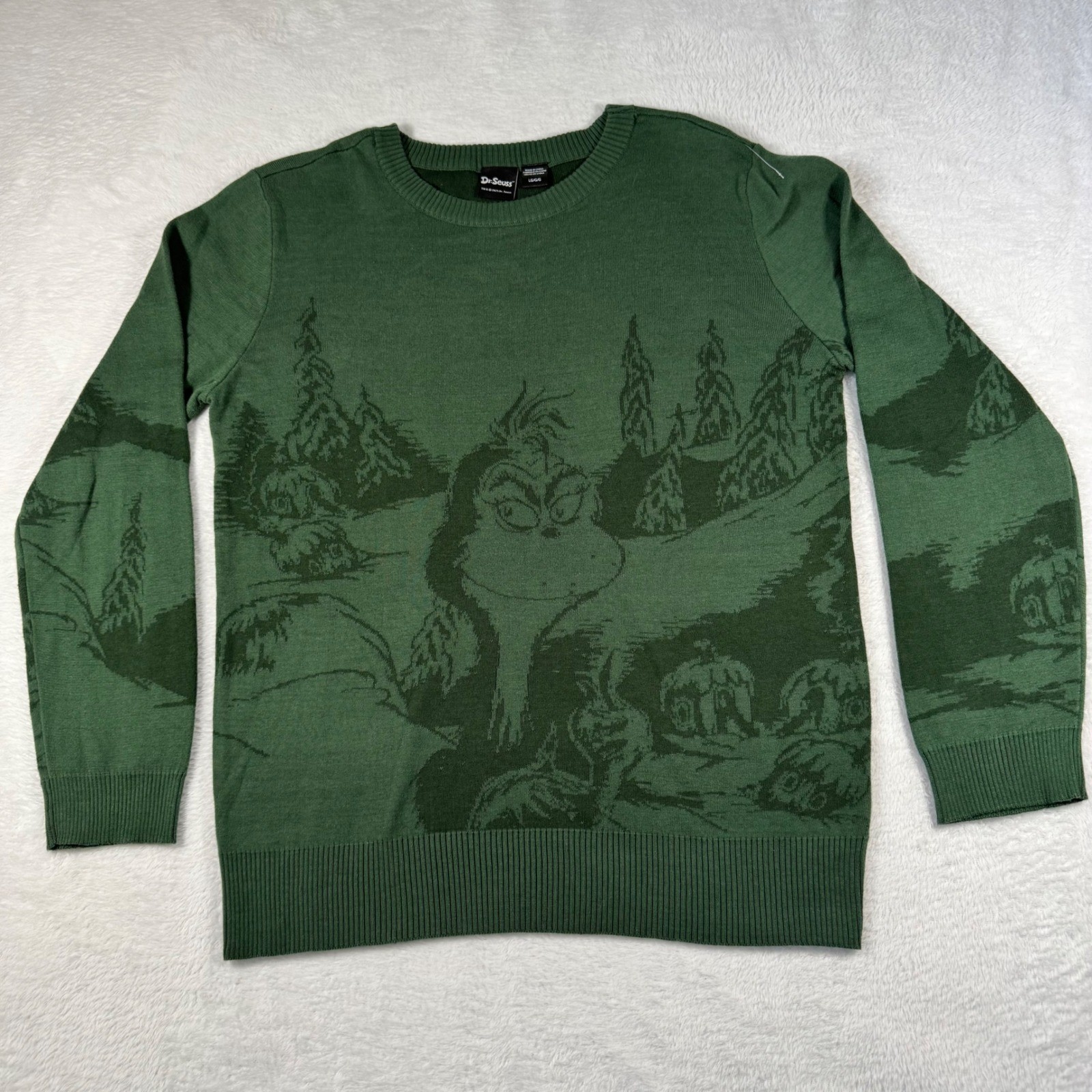Dr. Seuss The Grinch Sweater Mens Large Green Whoville Graphic Knit
