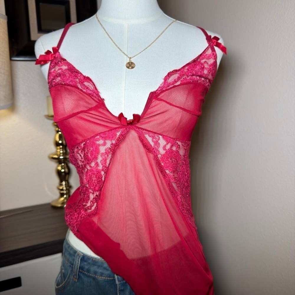 Y2K Hot Pink Sheer Lace Bow Cami Fairycore Coquette Mesh Top