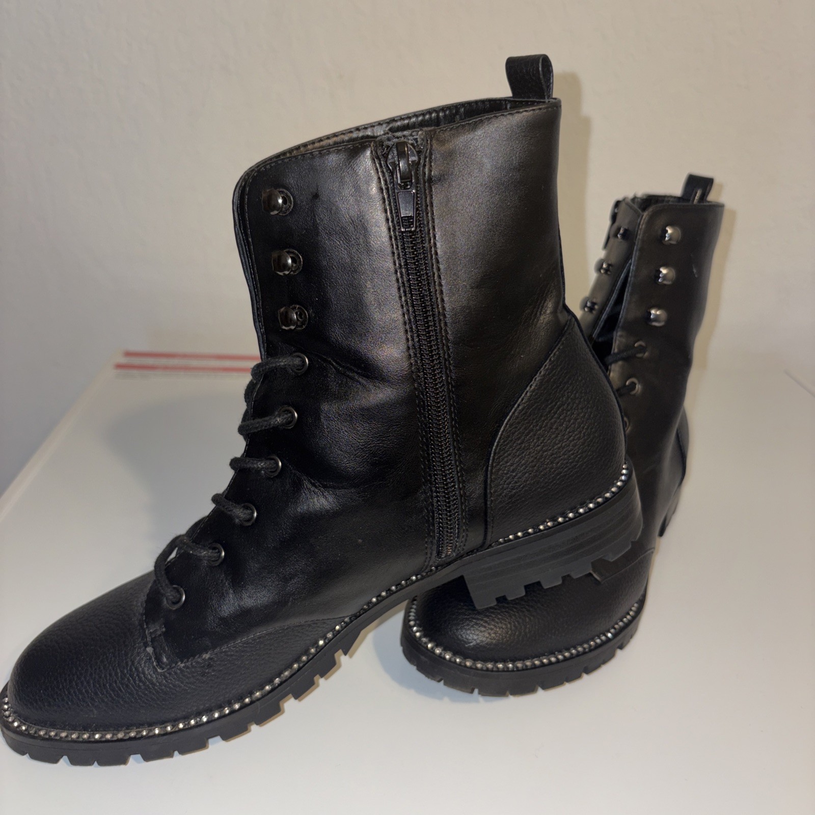 Express Combat Boots Womens 9 kayte Lug Lace Up Mid Calf Black Leather