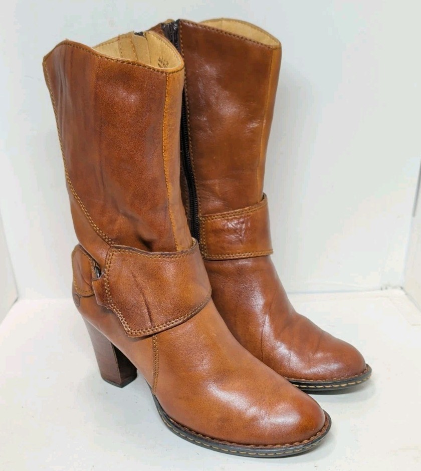 Womens Born Dani Sz 9 B Soft Brown Leather Mid Calf Zipper Buckle Heeled Boots