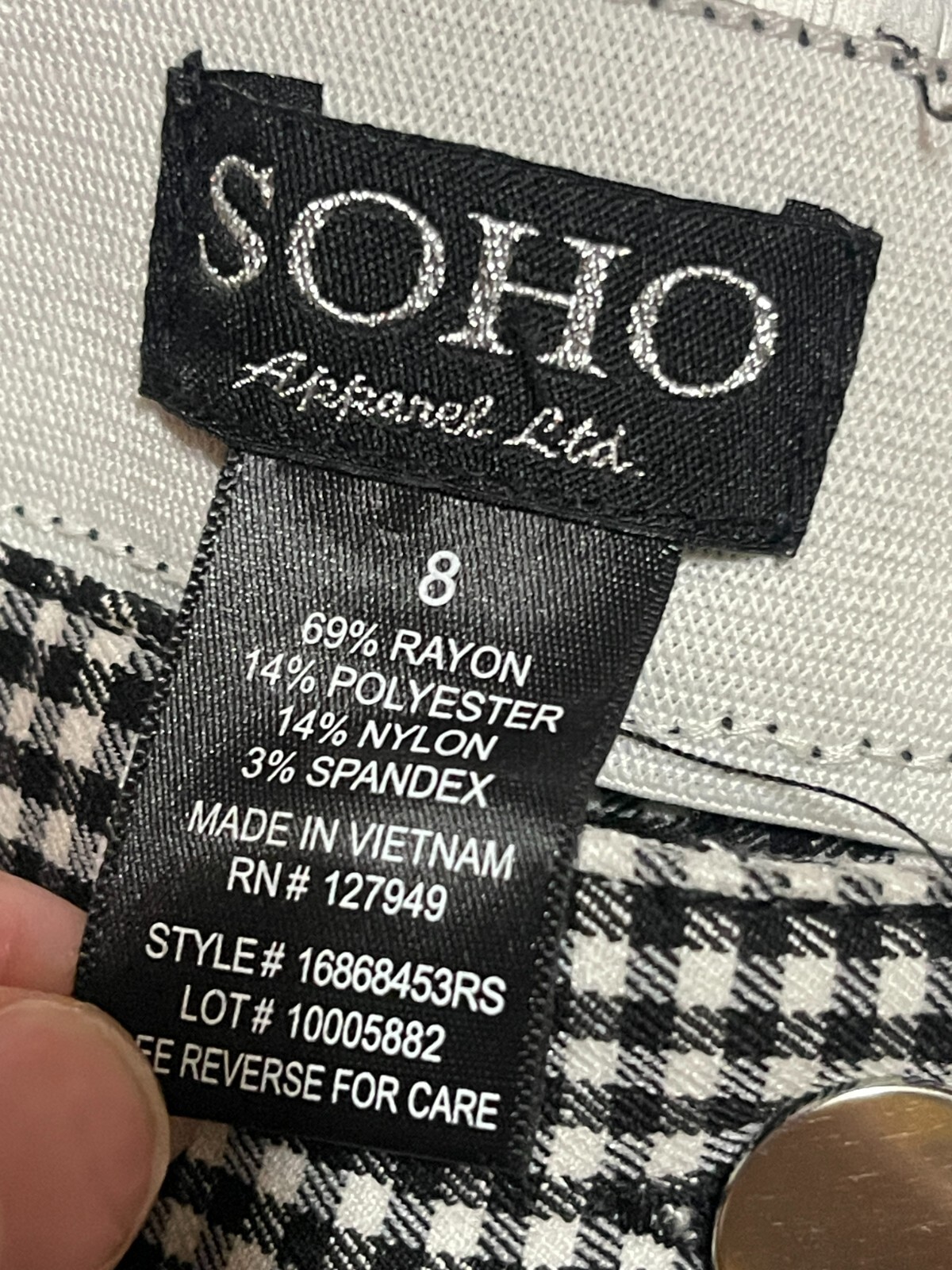 SOHO Pants, Women’s Size 8, Black White, Checkered, Flat Front