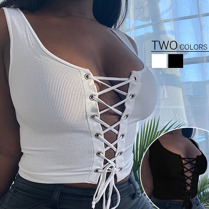 Women Sexy Bandage Tank Crop Top Hollow Lace Up Low Cut U-Neck Camisole Vest