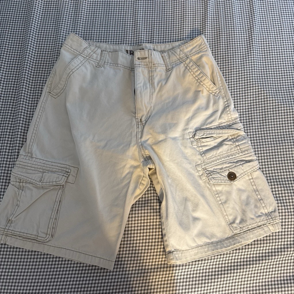 Iron Co. Beige Solid Cargo Shorts Cotton Canvas Flat Front Button Cargo Pockets