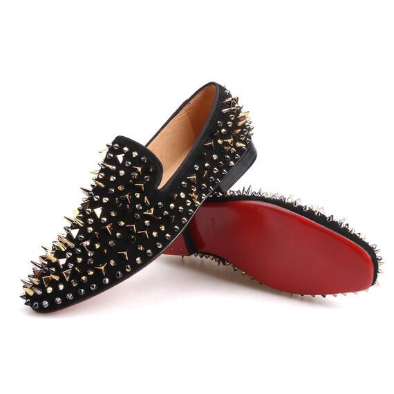 Men FERUCCI Black Velvet Slippers Loafers Flat Gold Spikes Rivet Wedding Prom