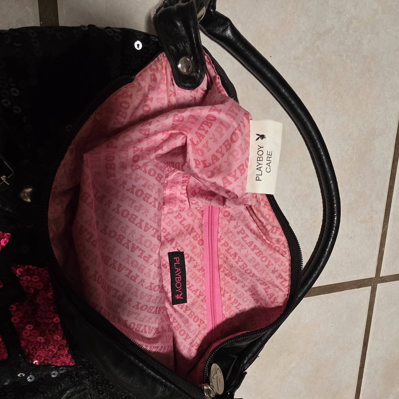 Playboy Black Sequin Bunny Logo Shoulder Bag, Zip Closure, Pink Lining, Strap