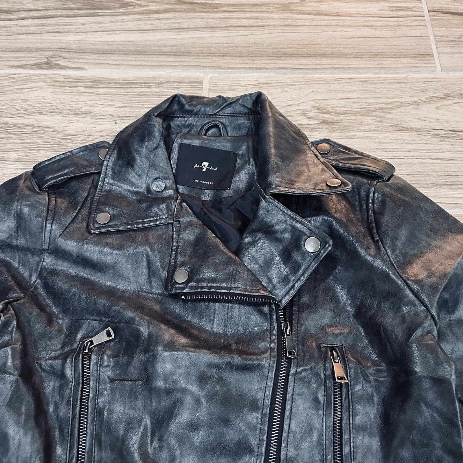 7 for All Mankind Black Vegan Faux Leather Moto Jacket Women’s Size Small