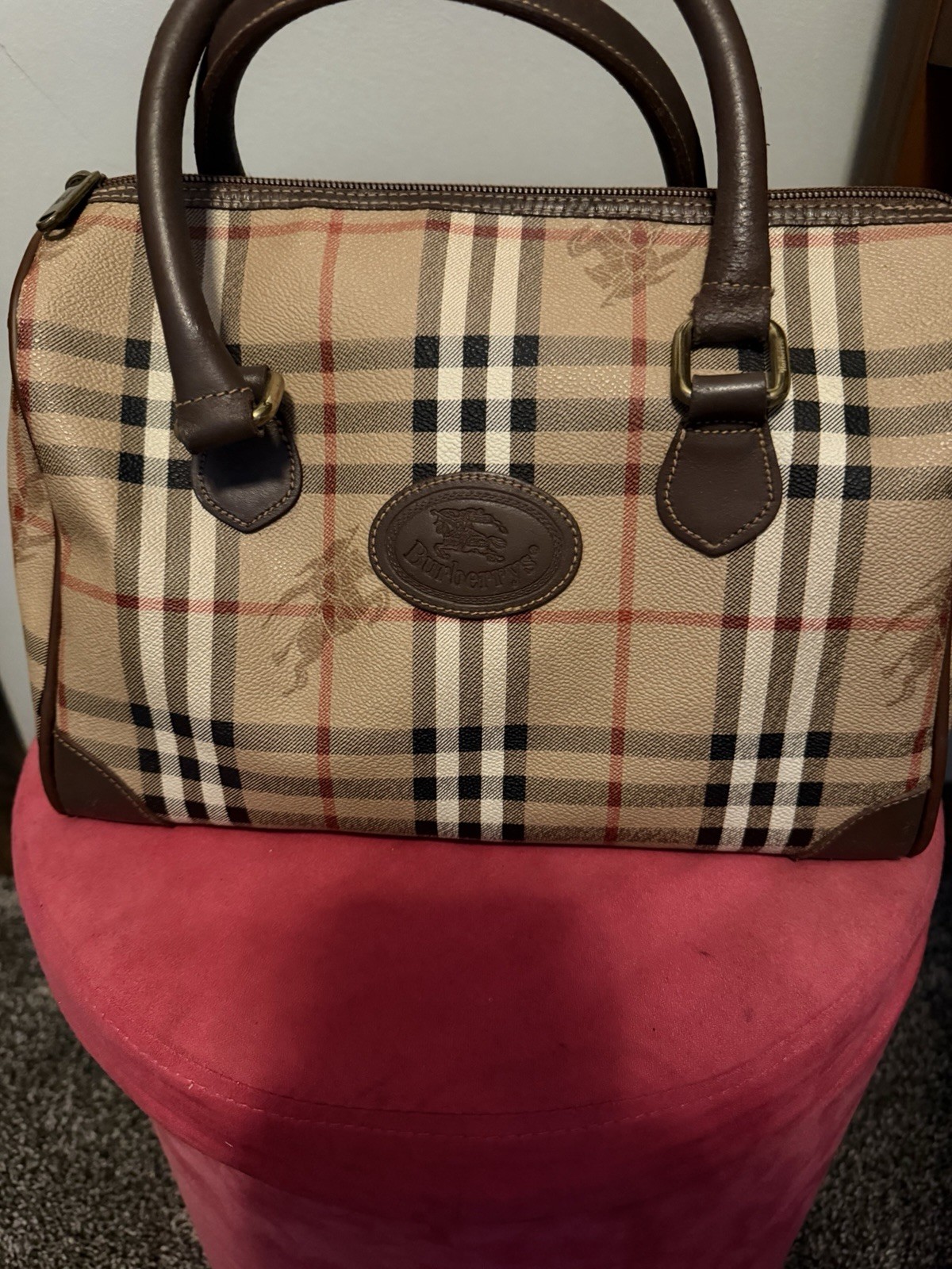 Burberry Haymarket Check Satchel Top Handle Bag Zip, Gold