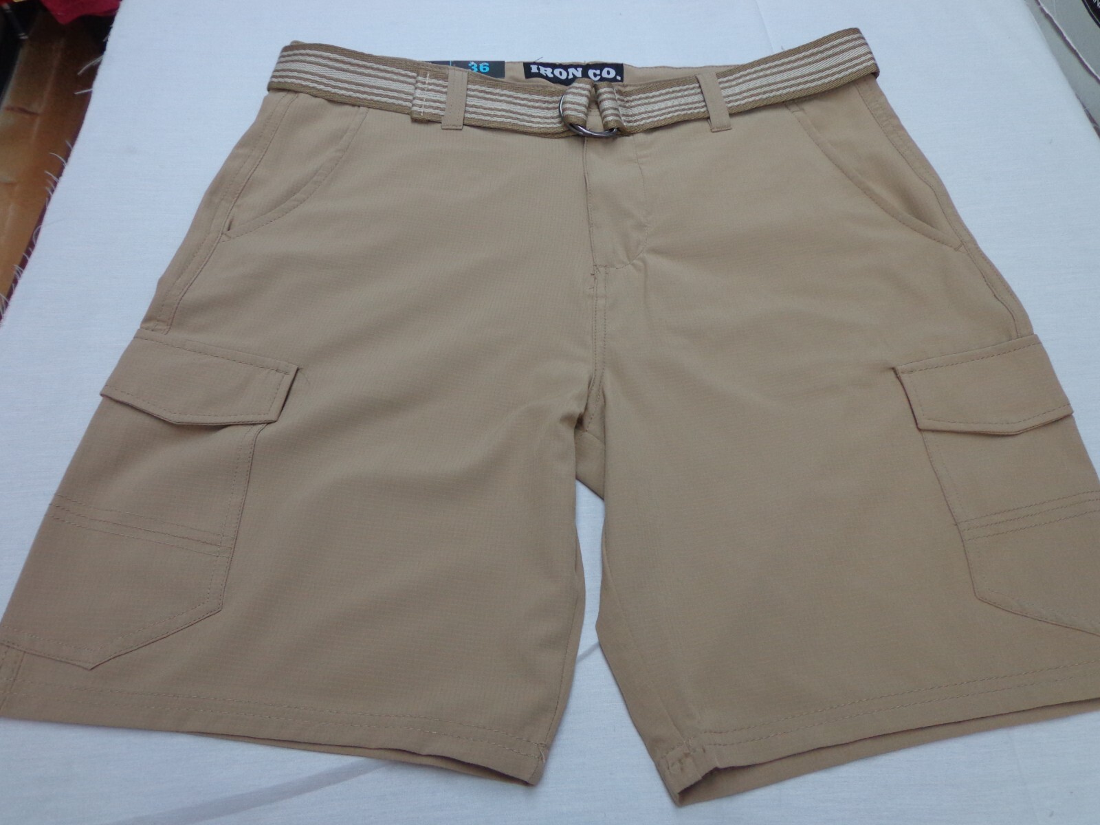 IRON CO. Stretch Tech Cargo Belted Shorts Khaki Size 36 NEW