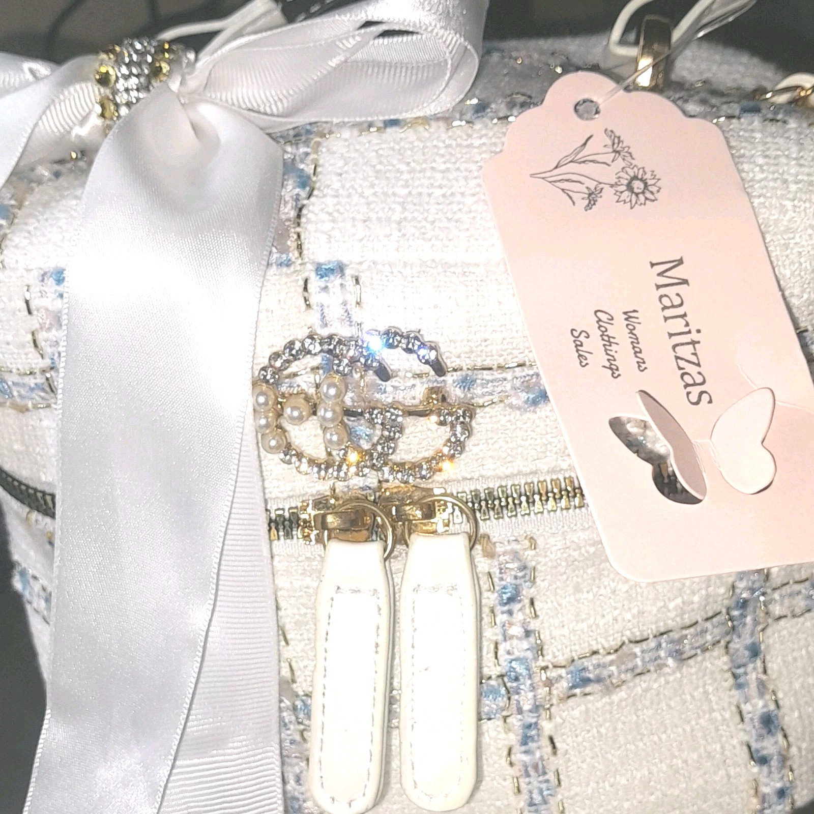 New White Blue Tweed Shoulder Bag with Bow, Rhinestone, Pearl, Gold Handcrafted