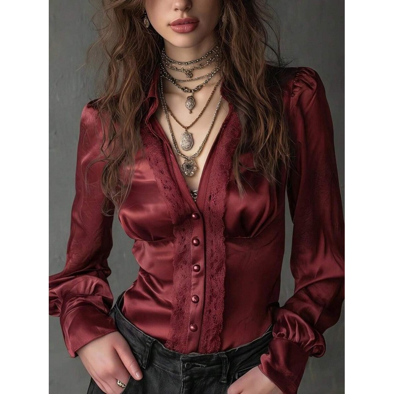 Womens Satin Long-sleeve Shirt With A Turn-down Collar