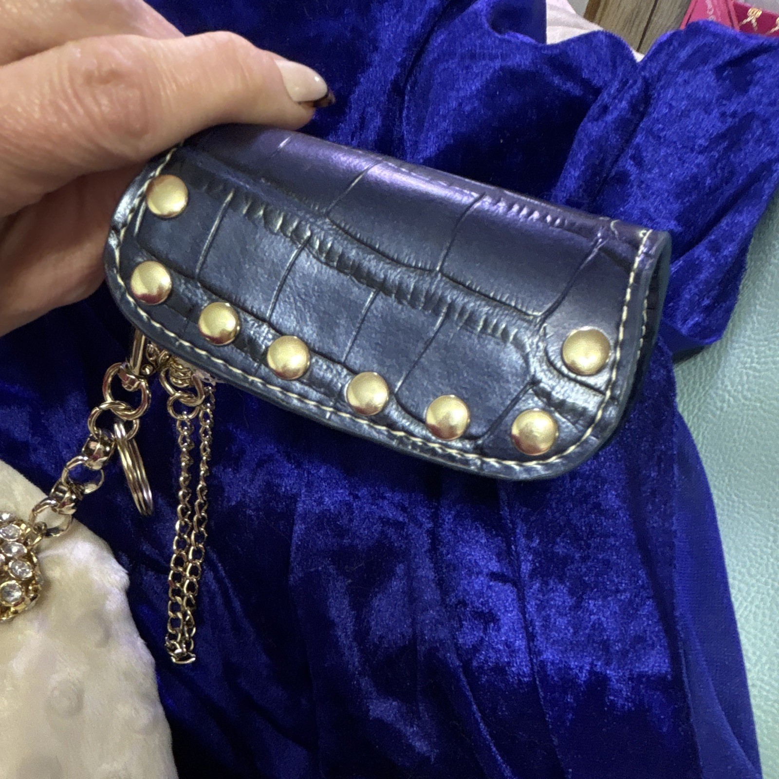Kathy Van Zeeland Blue/Gold Croc Key Chain Heart Charm Rhinestone Studded