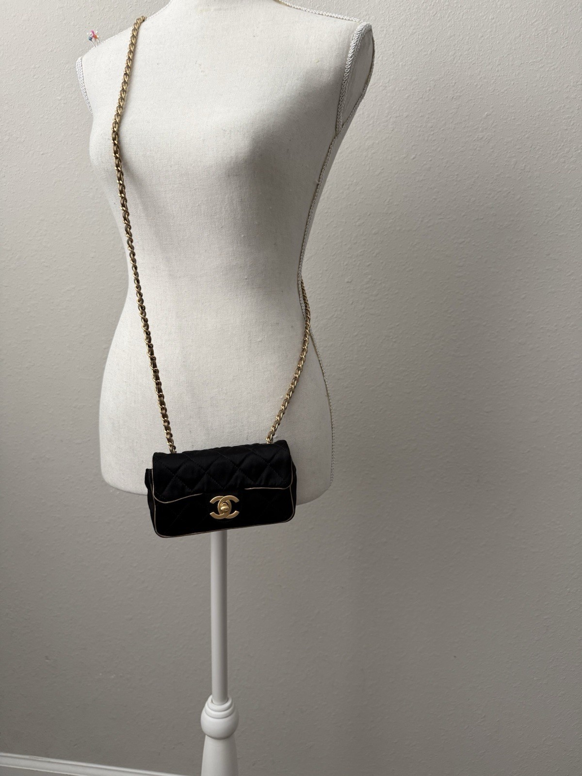 Vintage Chanel Extra Mini Satin Flap Bag Black Gold Chain Crossbody Rare