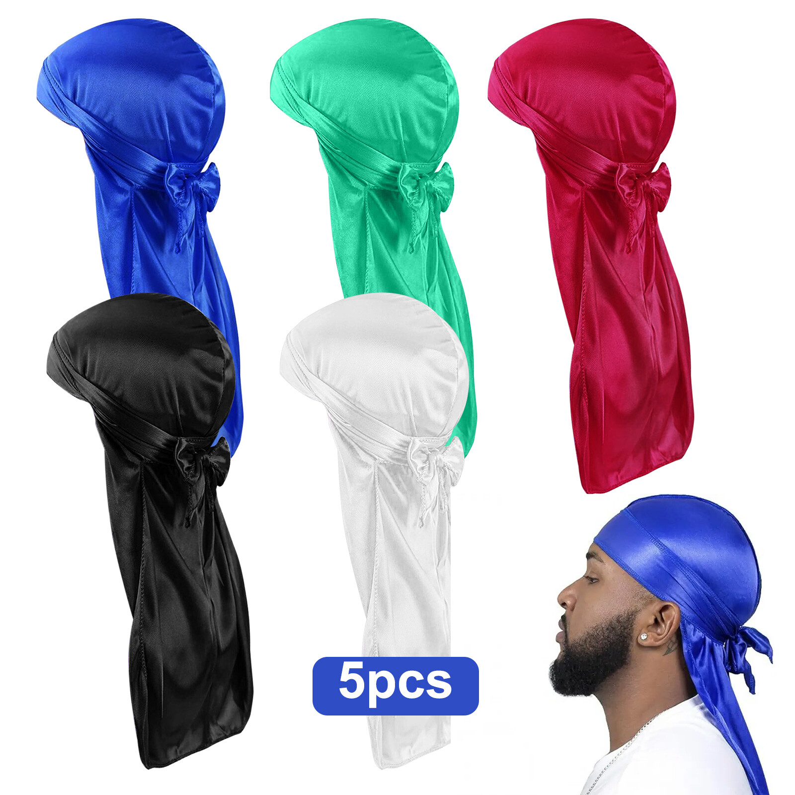 5 PCS Soft Durag Head Wraps for Men & Women – Multicolor Silky Headscarves Set