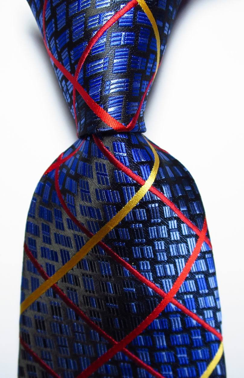 Classic Checks Jacquard Woven Silk Mens Tie Blue Gold Red Formal Neckwear