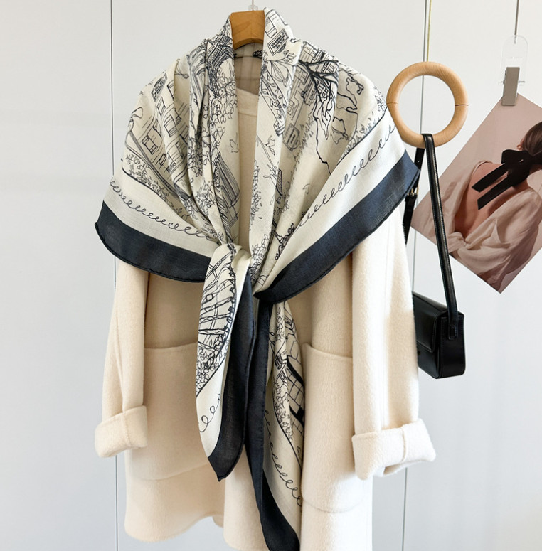 70% Cashmere 30% Silk Paris Street Print Shawl 135X135cm Scarf Wrap Double Face