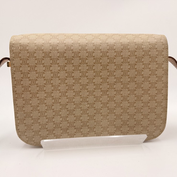CELINE Vintage Macadam Shoulder Bag in Beige PVC and Leather with Gold-Tone …