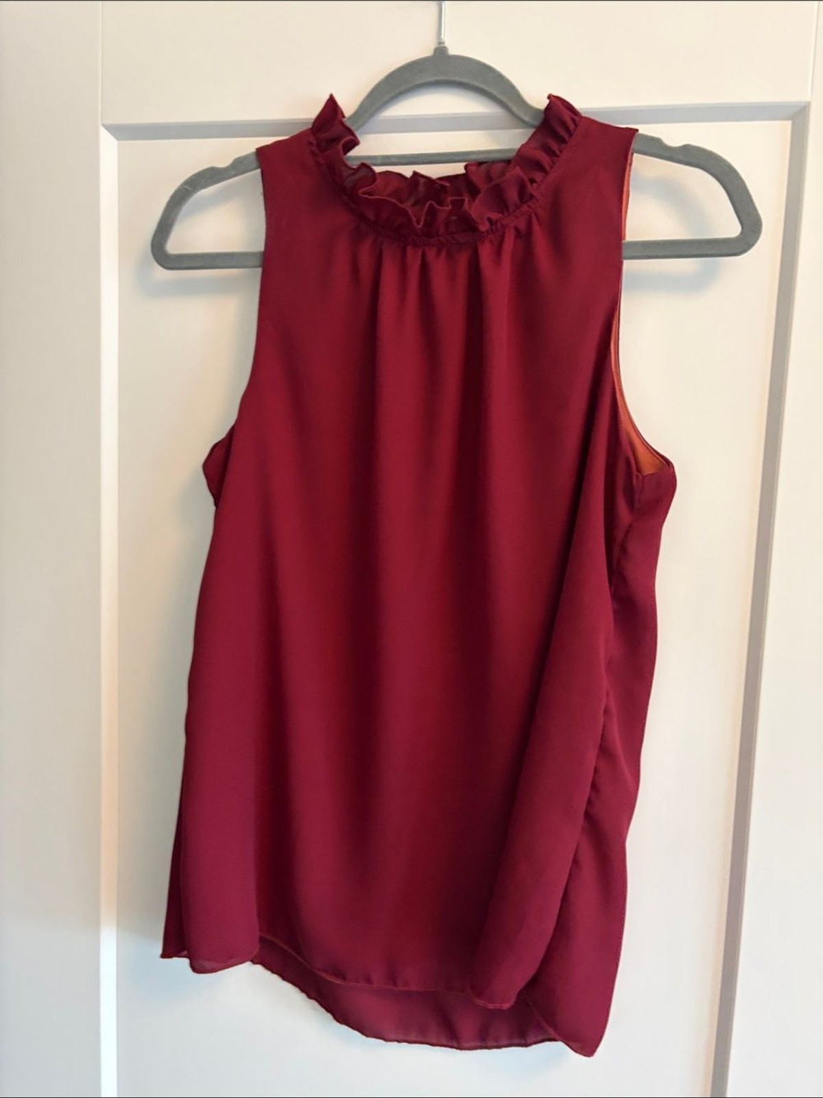 Ruffled Neck Sleeveless Blouse in Deep Wine