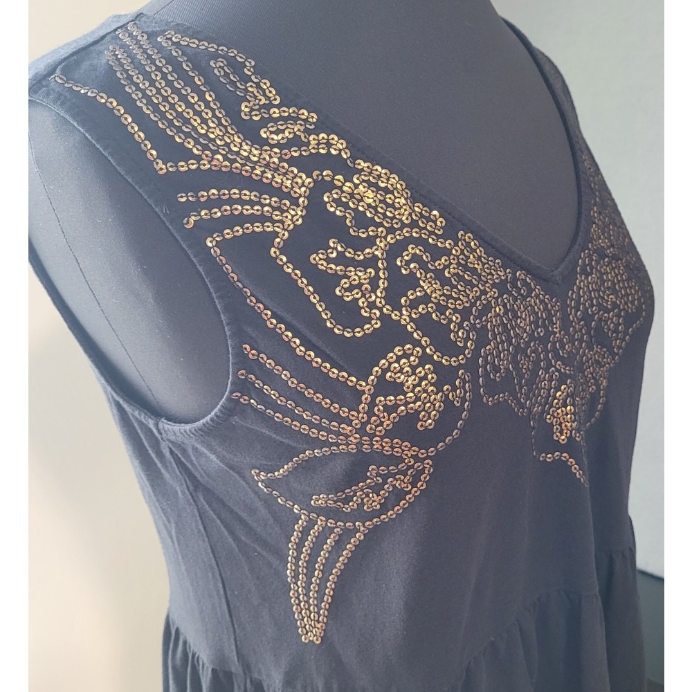 Victoria’s Secret Y2K Black Gold Embellished Blouse Deep V Babydoll Rocker M