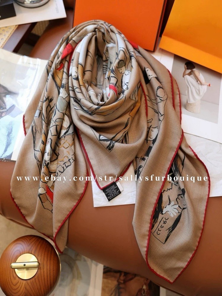 70% Cashmere & 30% Silk Wrap Scarf Horses Print Double Face Shawl 53″