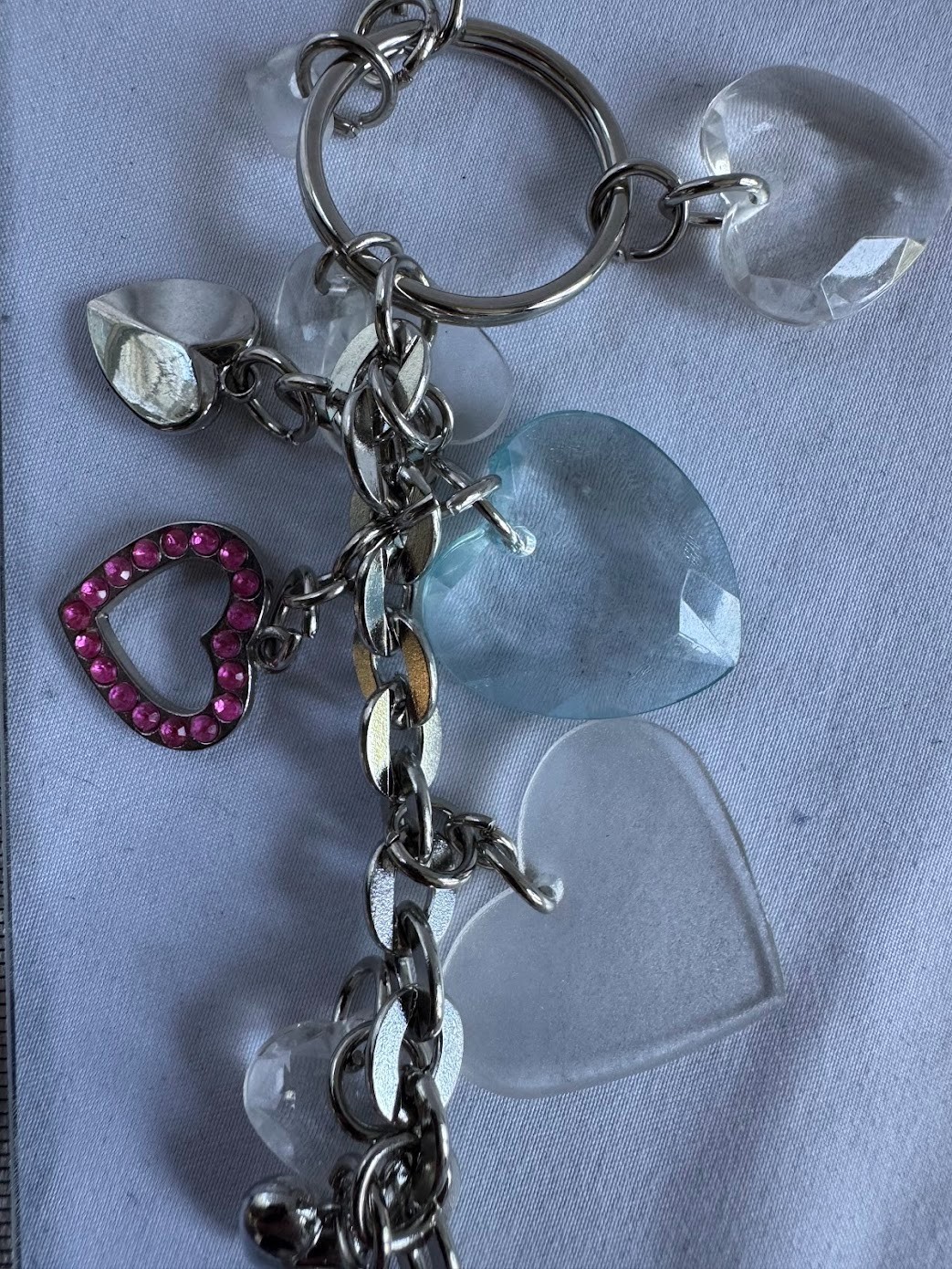Silver Tone Multi Heart Charm Keychain Bag Access Shaker Rhinestone Lanyard 8″