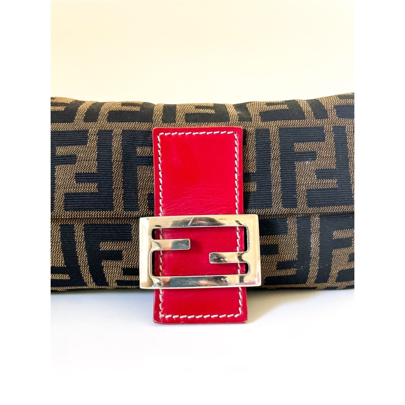 Authentic Fendi Baguette shoulder bag Zucca FF monogram canvas red leather trim