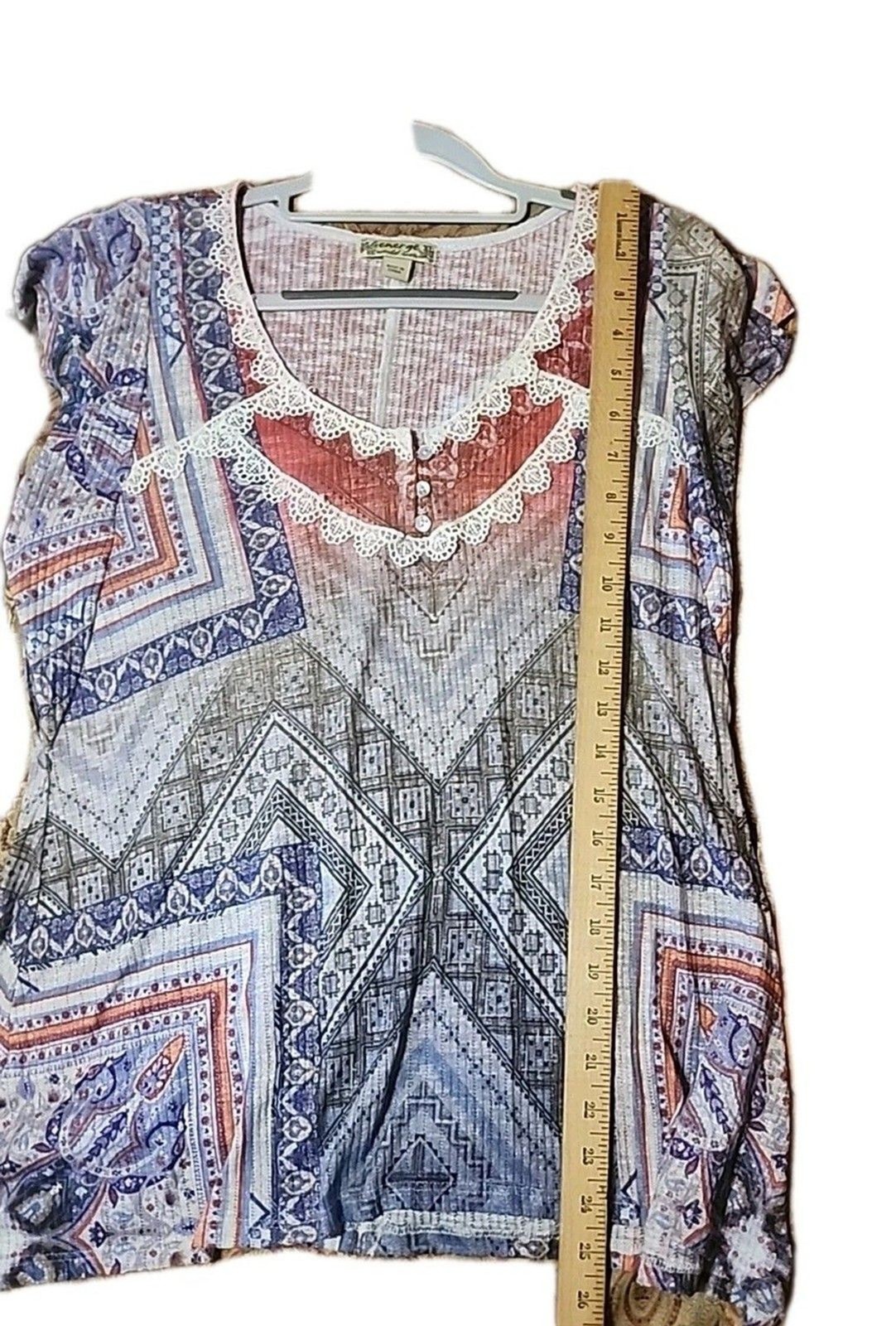 Energie Women’s Top XLarge Boho Patchwork Lace Trim Short Sleeve Festival Blouse